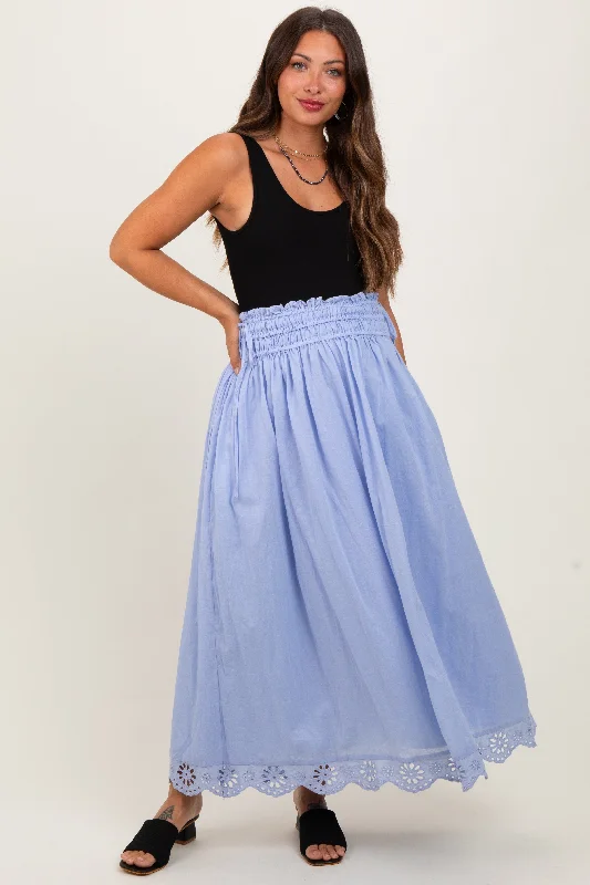 Periwinkle Smocked Waist Eyelet Lace Hem Maternity Maxi Skirt