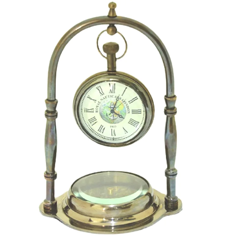 NOOR COLLECTION Handmade Antique Brass Table Top Clock Desk Clock with Desion Base Compass Home Office Bed Room Study Room Decoration Gift (6 Inch Antique)