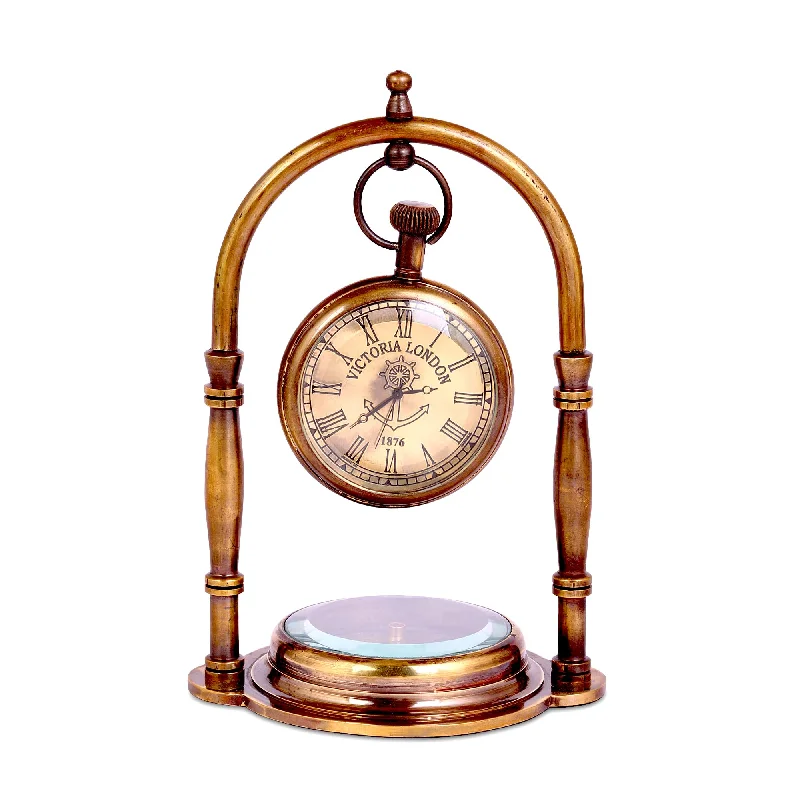 JD'Z COLLECTION Nautical Brass Desk Clock Maritime Brass Compass with Antique Victoria London Tabletop Decor Marine Desk Clock