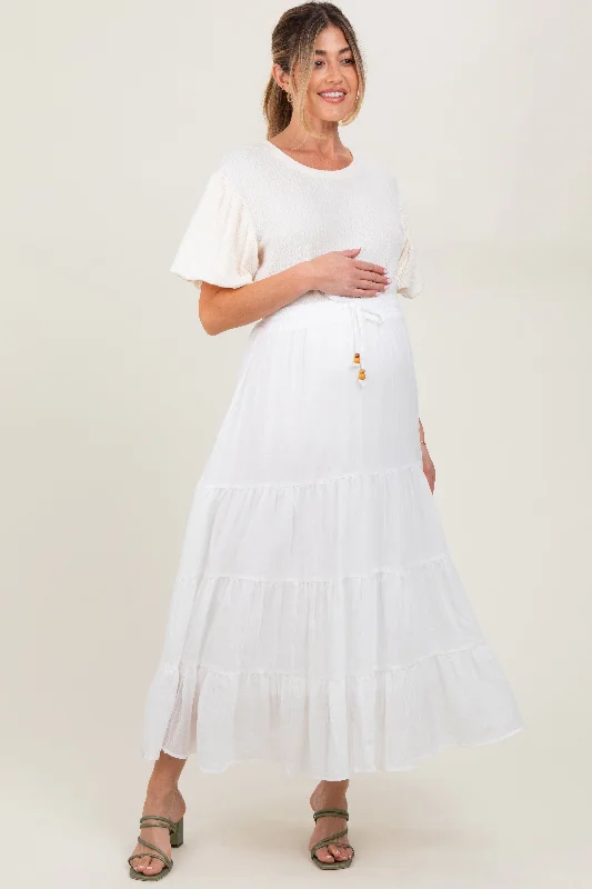 White Drawstring Tiered Maternity Maxi Skirt