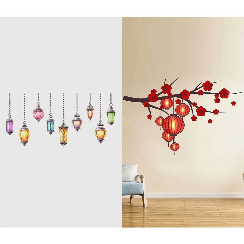 MERICAL Set of 2 Wall Stickers Hanging Lamp | Branch with Red Lantern for Home, Hall, Bedroom, Livingroom & Kitchen