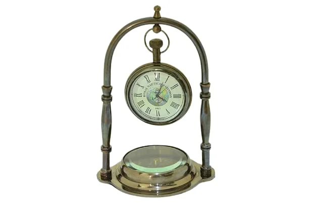 Blue Globe Handmade Nautical Antique Brass Desk & Shelf Clock with Compass Base Antique Brass Desk Hanging Clock with Compass – Roman Dial Export