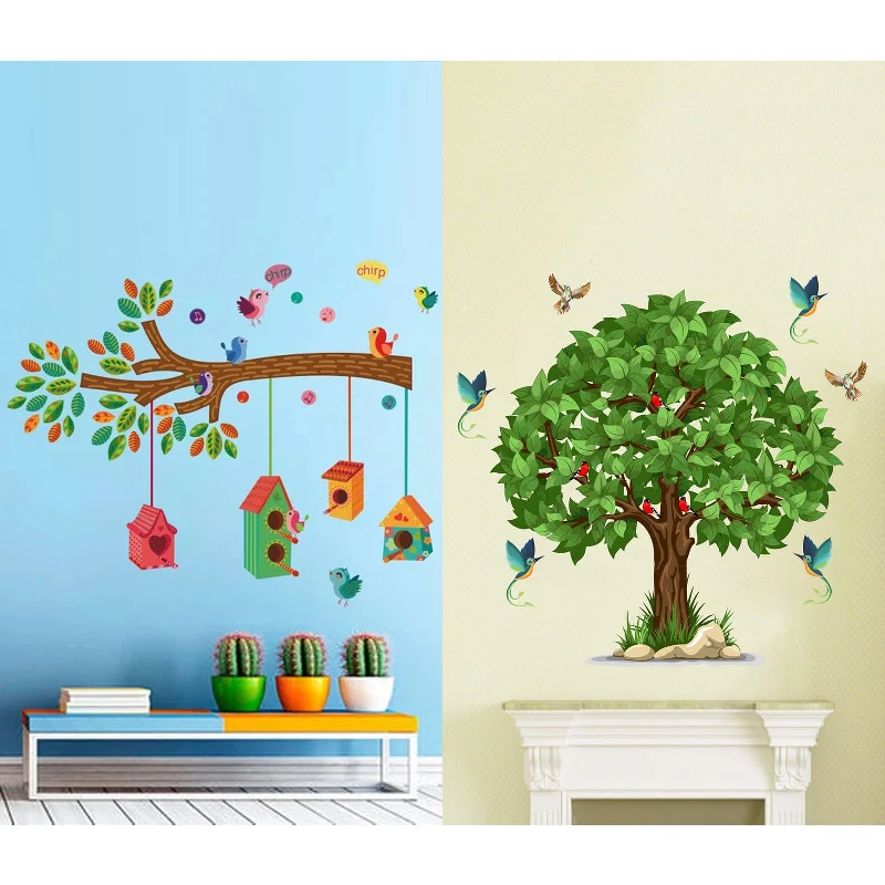 WALLBOOK Set of 2 Wall Stickers Bird House on a Branch | Green Tree for Home, Hall, Bedroom, Livingroom & Kitchen