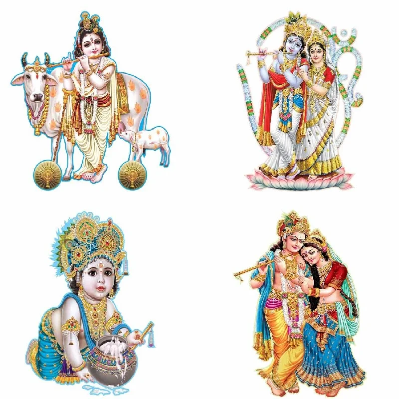 Ghar Kraft Set of 4 Combo Wall Stickers |Kunj Bihari with Cow|Radha Krishna with Om|Bal Gopal with Makhan Matki|Classic Radha Krishna