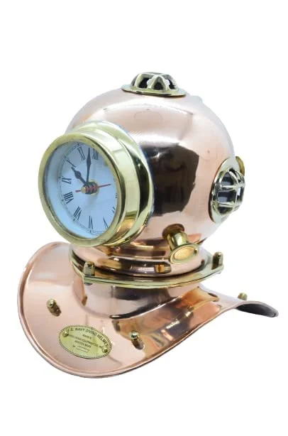 9 Inch Vintage Clock Table Premium Brass Clocks Maritime Scuba Dive Helmet Marine Shelf Ship Clock Home & Office Décor Diving Helmet Collectible Best for Gift