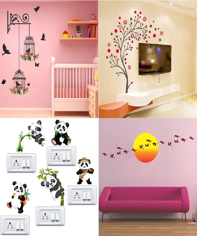 Ghar Kraft Set of 4 Vinyl Wall Sticker Sb Panda | Branches and Cages | Magical Tree | Magical Tree | Magical Tree | Sunrise with Flying Birds