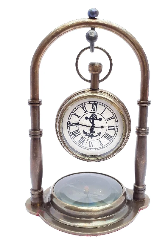 KV Collection Beautiful Antique Style Brass Table Clock with Magnetic Compass Base. Exclusive Gifting idea