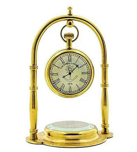 WAVE NAUTICAL -Brass Shiny Polished Pendulum Desk Base Compass Style Table Decorative Watch/Clock Watch with Compass for HomeOffice d�cor Desk Table with Maritime Brass Compass Antique Victoria London