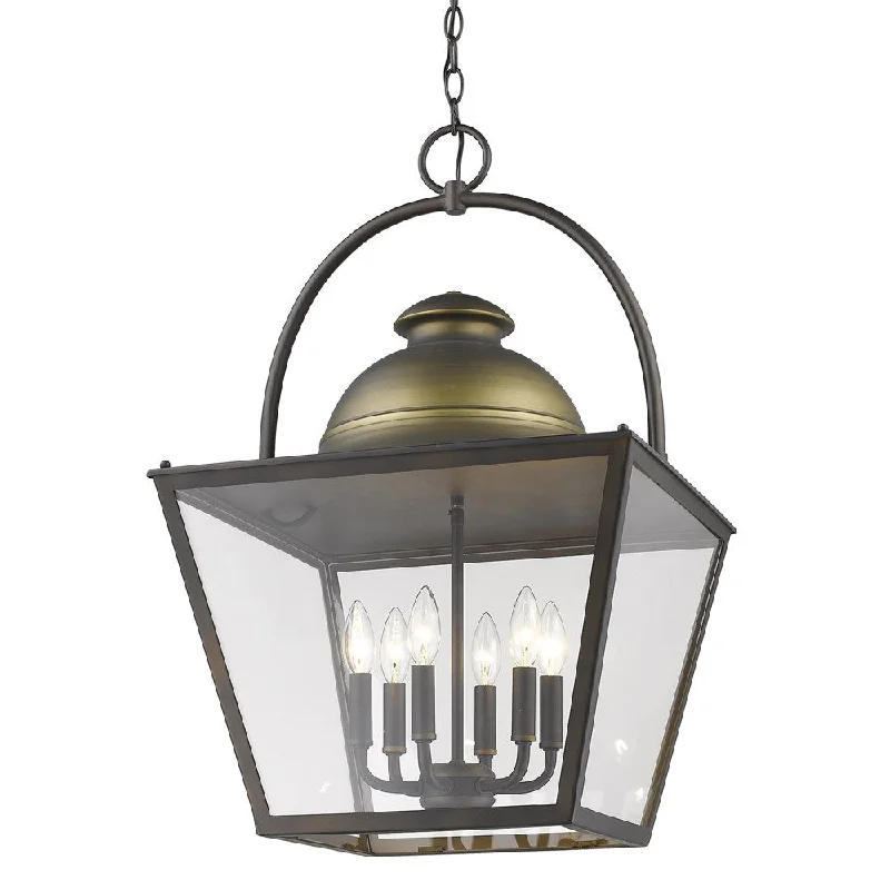 Savannah 6-Light Oil-Rubbed Bronze Foyer Pendant With Raw Brass Accents And Clear Glass Panes