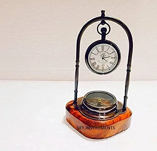 Sky Instrument Antique Brass Hanging Clock with Compass and with Wooden Base. can be Used as Office use, Weight Papers , desks/ Tables , Decorative Items and for Gift