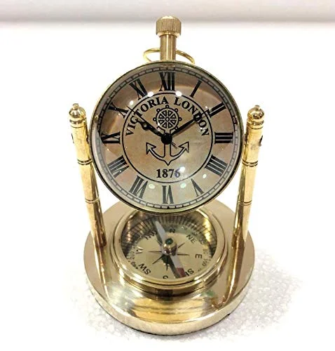 Nautical Art Antique Victorian London Old Style Brass, Glass Clock Watch with Compass Vintage Desk Table/Office Table Decor (4 x 2.5 inches)