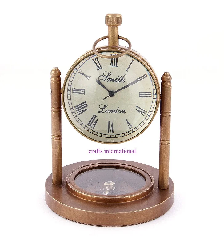 Brass Antique Desktop Clock with Compass Nautical Home Office Decor Desk Top