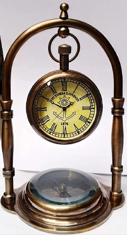 MONU Handmade Antiques Era Brass Nautical Victoria Desk Clock/Table Top Clock, with Direction Compass (Brown) Home & Office Decor