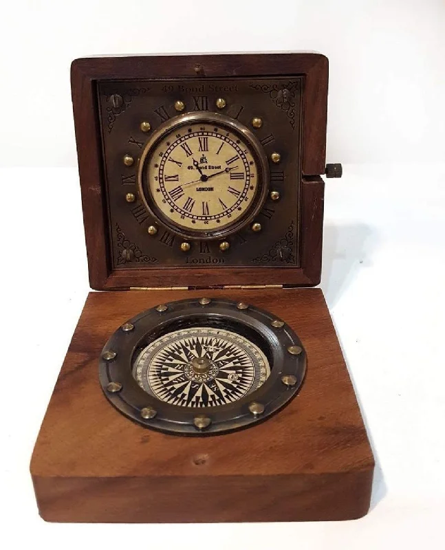 Sian Present's Nautical Brass Compass in Wooden Box with Clock Vintage Antique Table Decorate Item