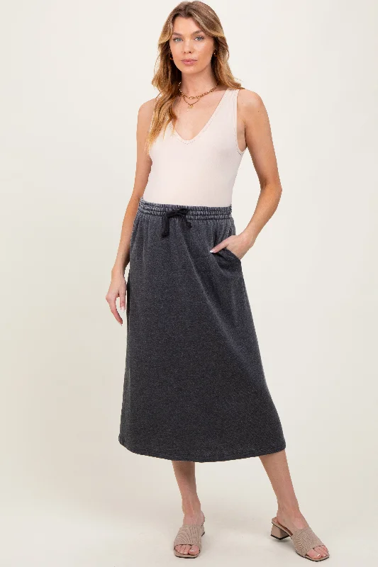 Charcoal Terry Drawstring Maternity Midi Skirt