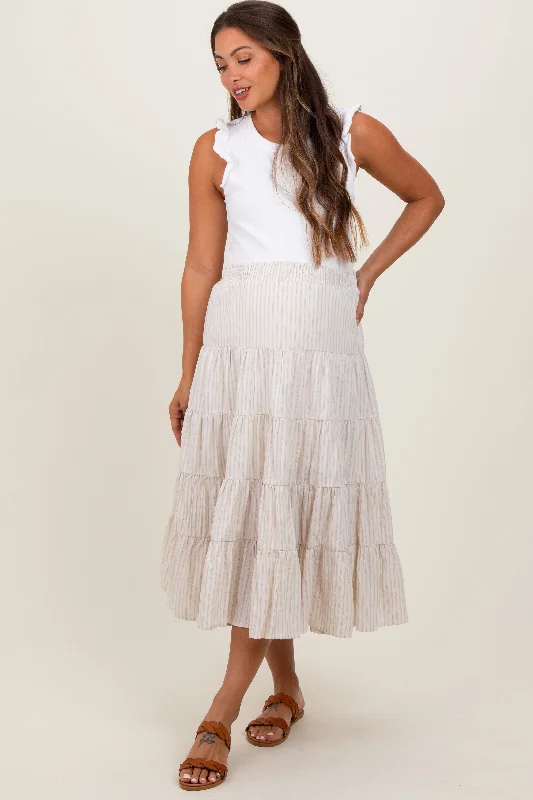 Ivory Striped Tiered Maternity Maxi Skirt