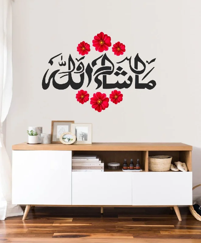 DECOR KRAFT PVC Vinyl Mashallah Wall Art Islamic Calligraphy Mashallah Wall Stickers for Home Decor Living Room Bedroom, Black & Red Flower, Set of 1