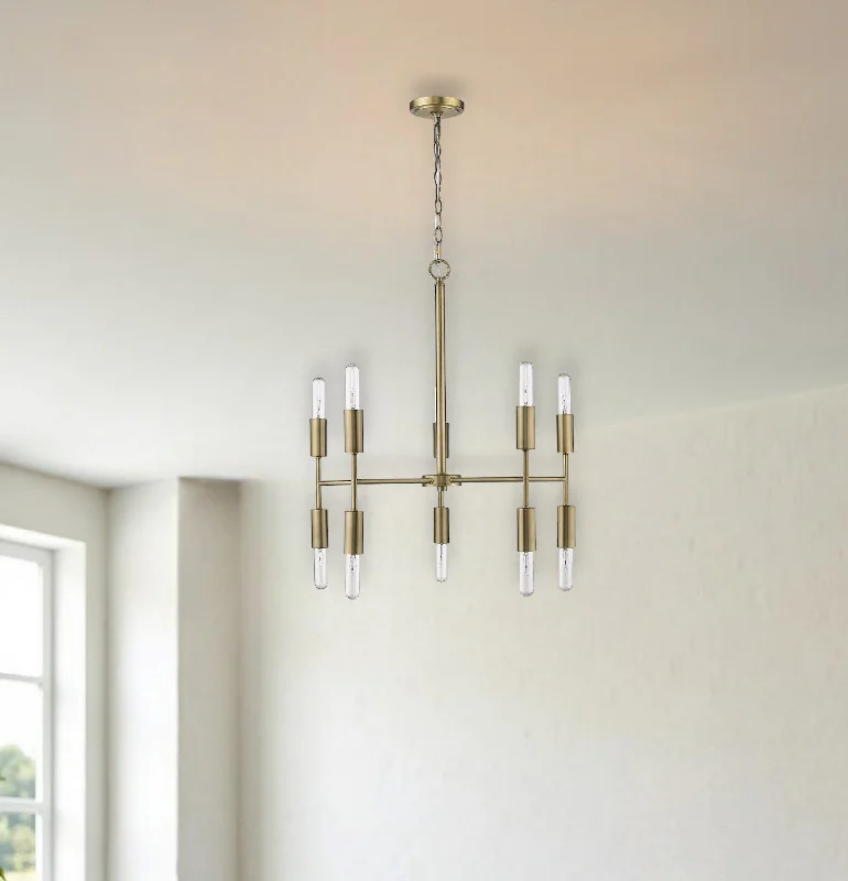 Brass Candle Style Ten Light Metal Dimmable Chandelier