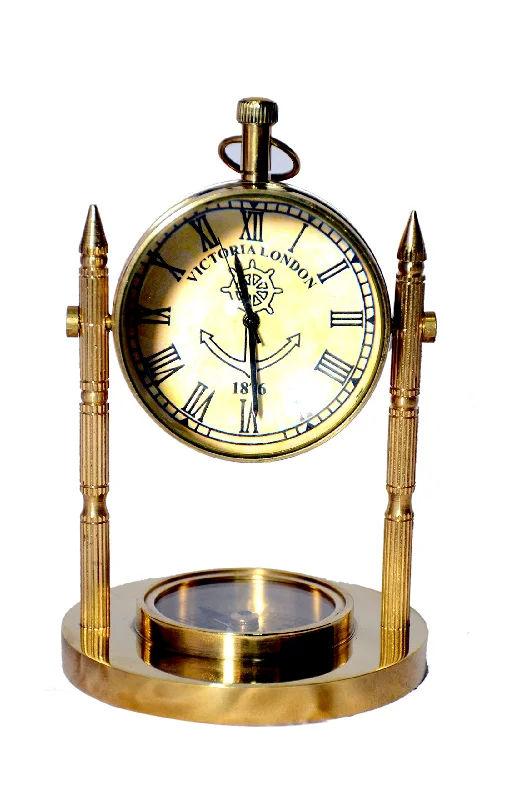 Chaitanya Antique Victoria London Table Clock with Maritime Vintage Brass Compass