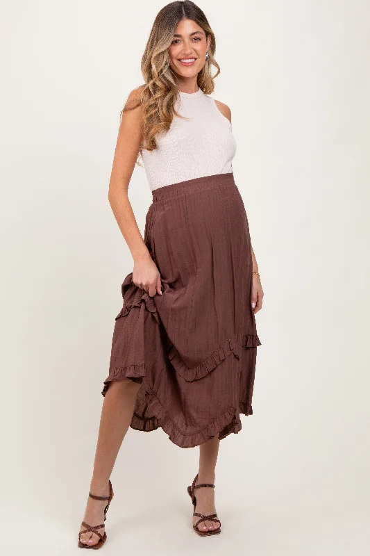 Mocha Ruffle Tiered Maternity Midi Skirt