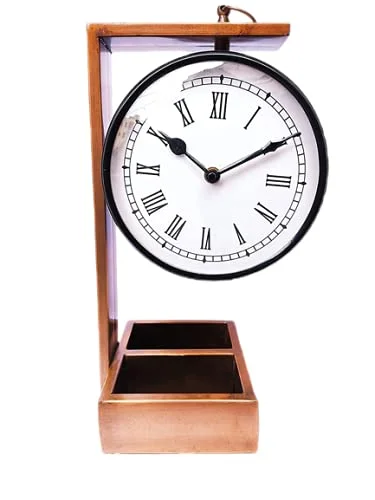 Ridhi Home Décor- Vintage Brass Table Clock with Carving & Desk Accessories (Copper Color) 14 Inch