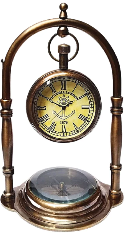 NOOR COLLECTION Handmade Antique Brass Table Top Clock Desk Clock with Desion Base Compass Hanging Clock Home Office Bed Room Study Room Decoration Gift (6 Inch Antique)