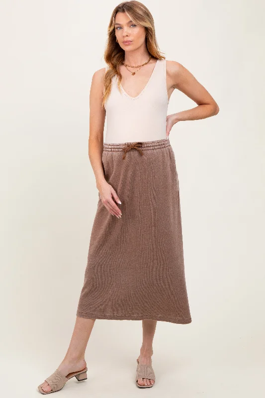 Mocha Terry Drawstring Maternity Midi Skirt