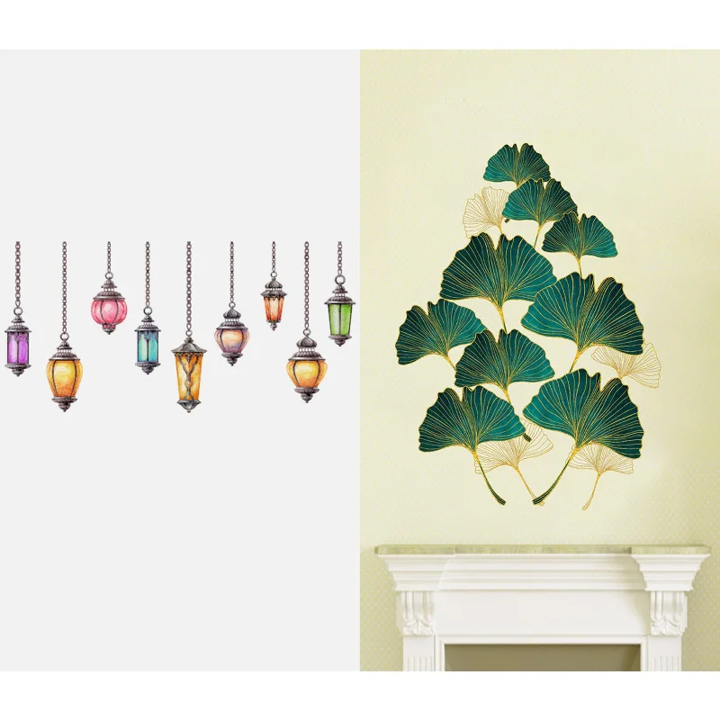 ESP Creation Combo Set of 2 Golden Green Leafs | Hanging Lamp Wall Decals for Hall, Bedroom & Kitchen