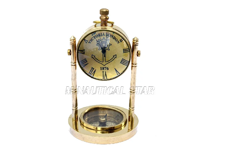 Desk Clock Shiny Brass with Compass Maritime Working Antique Look Upgraded Desk Clock