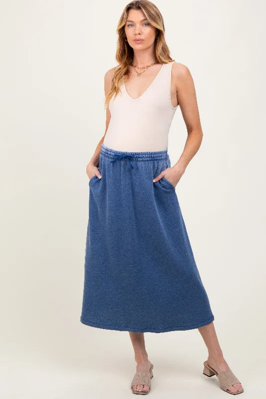 Light Navy Terry Drawstring Maternity Midi Skirt