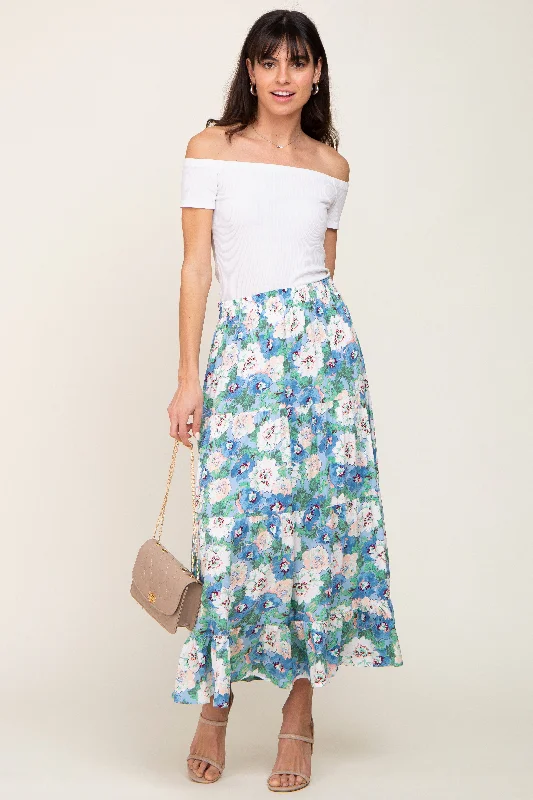 Blue Floral Tiered Maxi Skirt