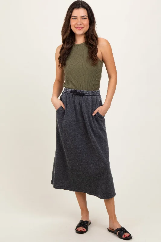 Charcoal Terry Drawstring Midi Skirt