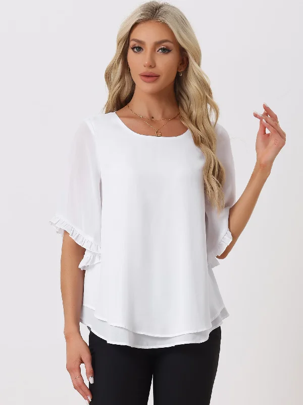 Loose Casual Ruffled Bell Short Sleeve Chiffon Blouse