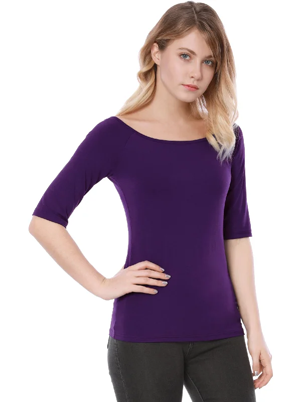 Scoop Neck Half Sleeves Fitted Layering Soft T-Shirt