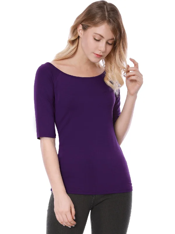 Scoop Neck Half Sleeves Fitted Layering Soft T-Shirt