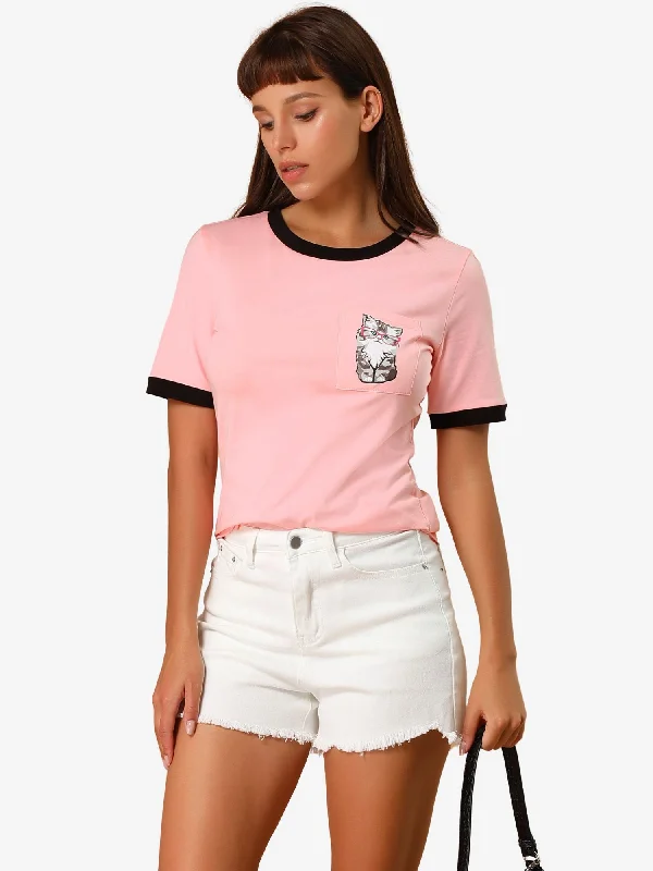 Cartoon Cat Print Contrast Crew Neck Short Sleeve T Shirt