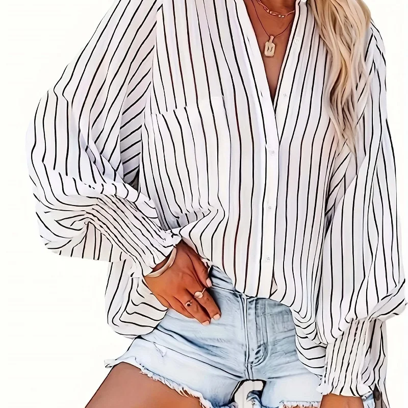 Sixsr Plus Size Casual Blouse, Women's Plus Striped Print Lantern Sleeve Button Up Lapel Collar Slight Stretch Tunic Shirt Top