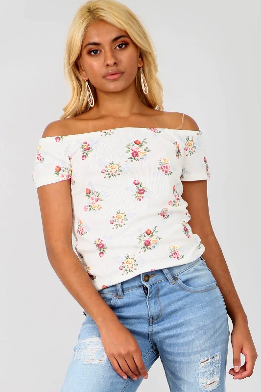 Bardot Cream Floral Ribbed Knit Top