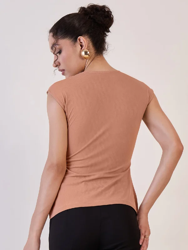 Camel Brown Wrap Knitted Regular Top