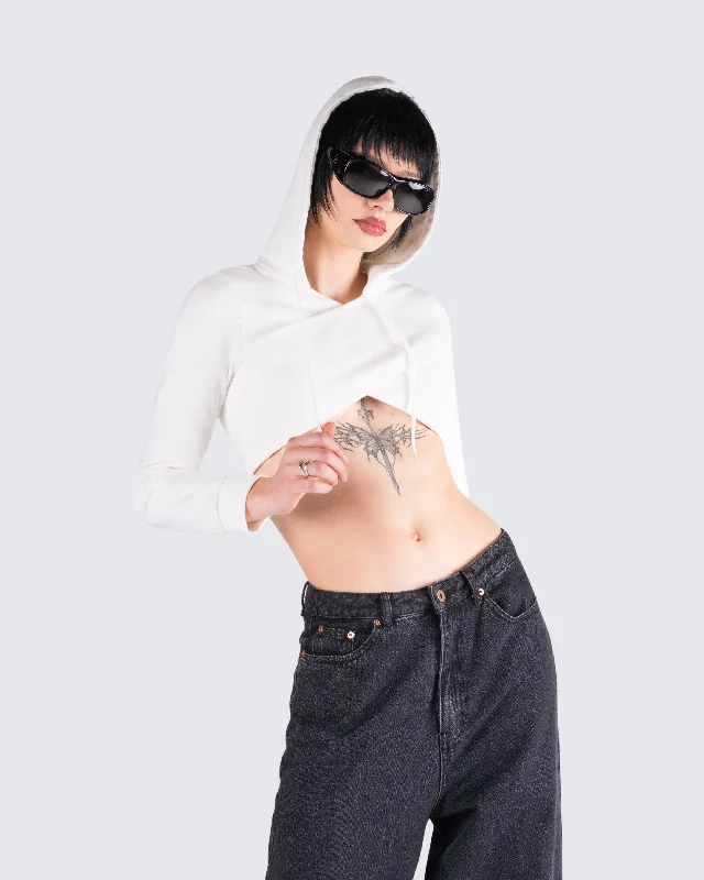 Eleni White Knit Hood Crop Top