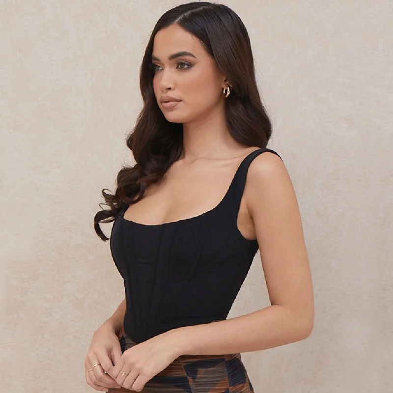 Solid Color Square Neck Corset Cropped Tank Top - Black