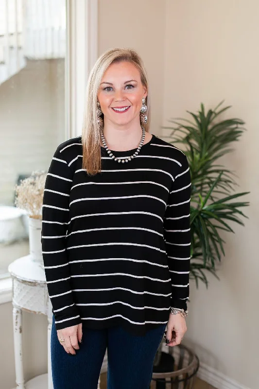 A New Day Long Sleeve Striped Top with Suede Elbow Patches in Black