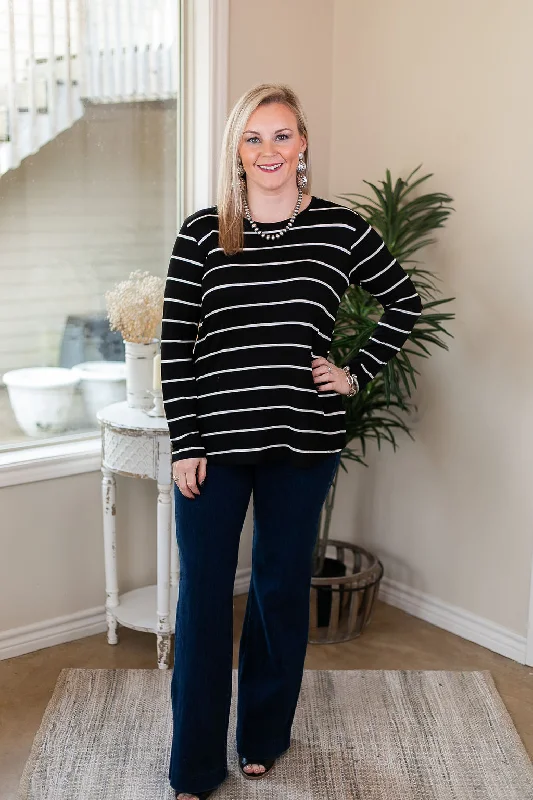 A New Day Long Sleeve Striped Top with Suede Elbow Patches in Black