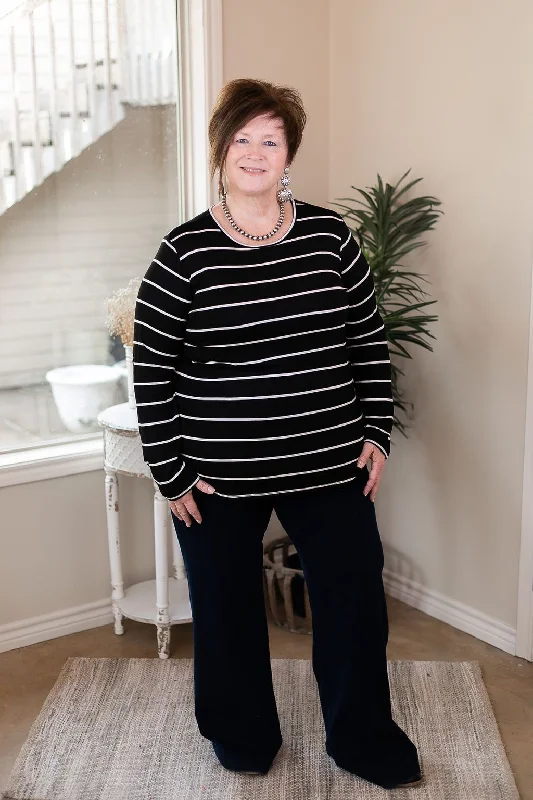 A New Day Long Sleeve Striped Top with Suede Elbow Patches in Black