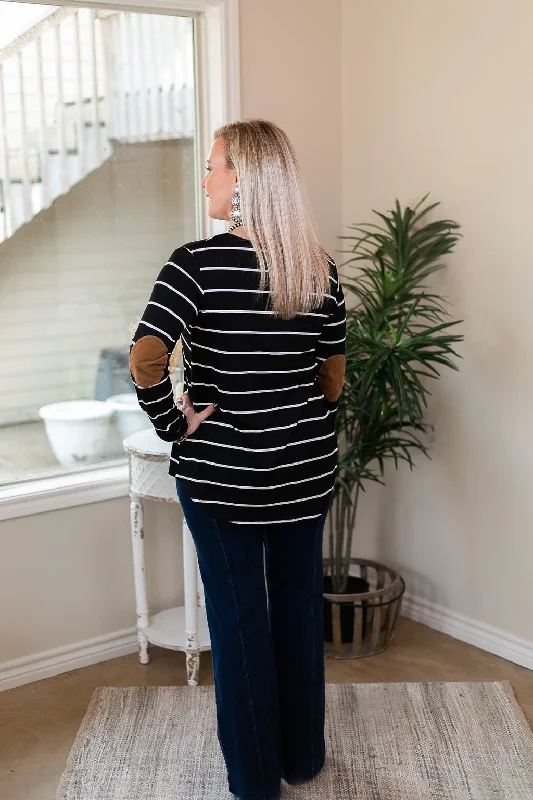 A New Day Long Sleeve Striped Top with Suede Elbow Patches in Black