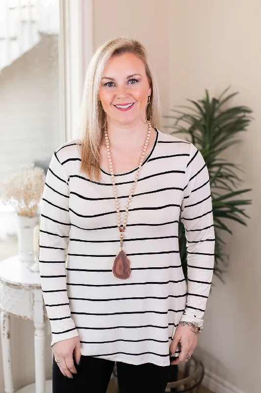 A New Day Long Sleeve Striped Top with Suede Elbow Patches in Ivory