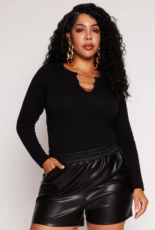 Plus Size Seamless Chain Notch Neck Long Sleeve Top