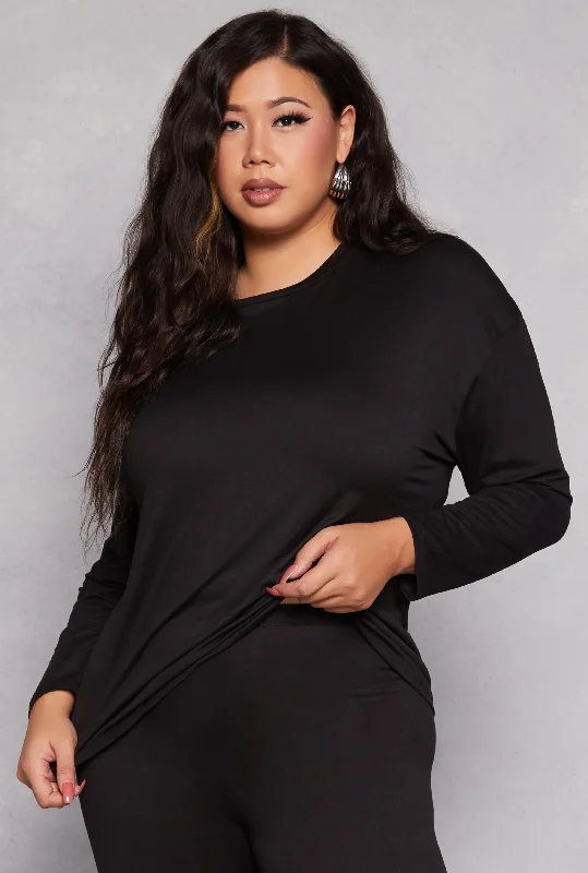 Plus Size Solid Crew Neck Long Sleeve Top