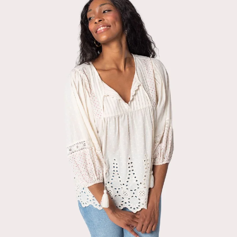 Dobby Dotted Embroidered Long Sleeve Peasant Top (Natural + Red)