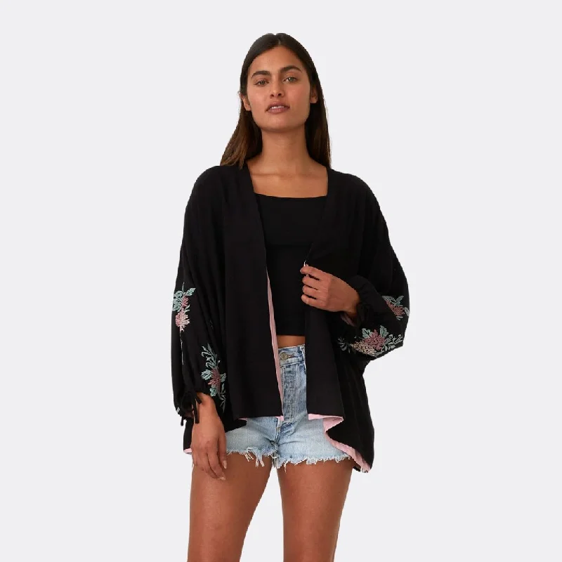 Floral Embroidered Long Sleeve Kimono Top (Black + Rose)